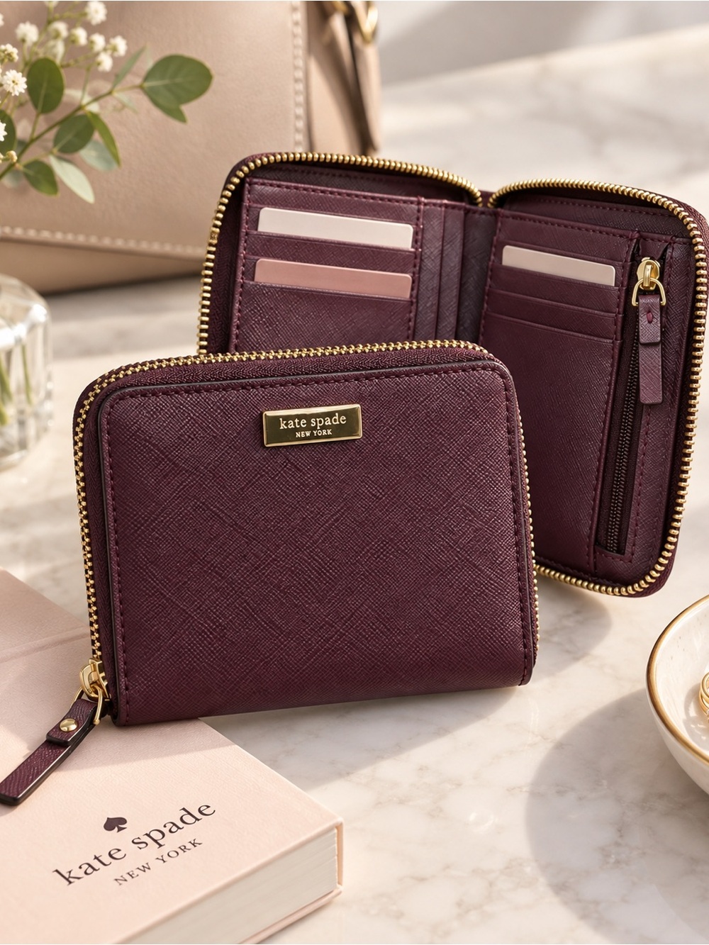 Kate Spade New York Burgundy Zip Around Compact Wallet